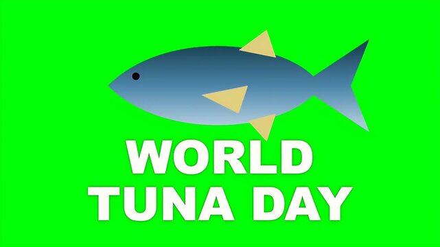 Stylized blue tuna fish swims above the world tuna day text in this simple animation for marine conservation