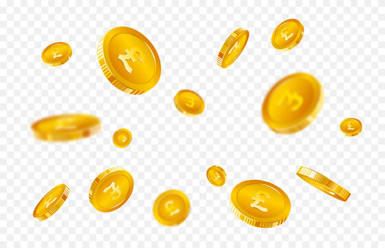 Gold pound coins isolated on transparent background. Coins burst and explode wealth, jackpot, treasure, and finance concept