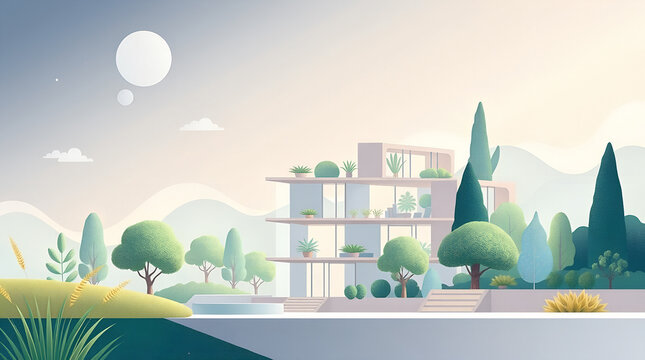 Modern Apartment Building with Green Landscape and Trees, Flat Illustration