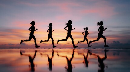 Fototapeta premium Silhouettes of women running in a row at sunset with reflections on water, fitness and teamwork concept with colorful sky background and copy space.
