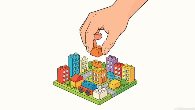 Isometric Illustration of a Hand Assembling a Miniature Colorful Cityscape Made of Interlocking Building Bricks, with a Plain Light Off-White Background