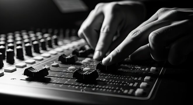 Close-up of sound engineer hands adjusting faders on a professional mixing console in a recording studio, black and white dramatic lighting