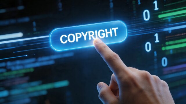 This captures a hand engaging with a digital interface that emphasizes copyright and intellectual property rights in a cutting-edge technological setting.