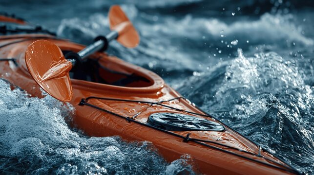 Close up of orange kayak and paddle in rough ocean waves, dynamic water sports adventure scene with splashing water and motion.