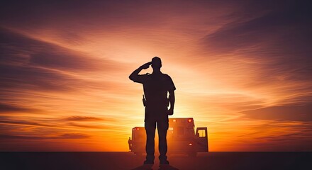 Obraz premium Silhouette of a male first responder saluting at sunset with an ambulance in the background, symbol of respect and service