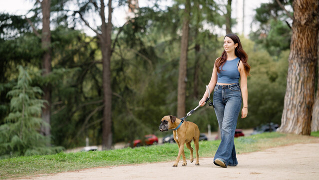 Young woman enjoying a leisurely walk with her pet boxer dog on a dirt path, surrounded by trees in a natural park setting