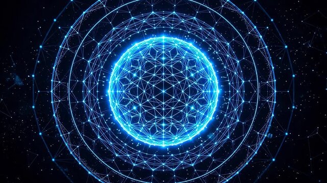 Blue glowing geometric sphere in space for creative digital media and visual arts