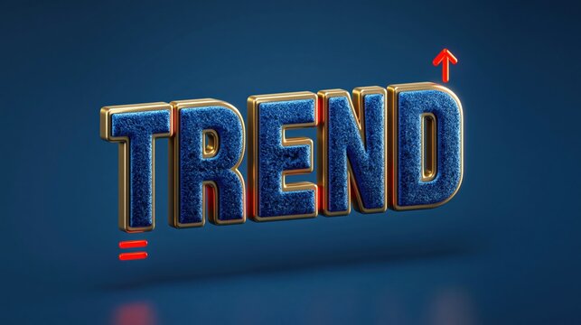 3d blue trend text with gold border and red arrow on dark blue background, modern typography concept with copy space for marketing and social media design.