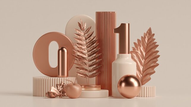 Rose gold 3d zero and one with metallic leaves and geometric shapes on beige background, modern luxury composition for branding, banner or social media template.