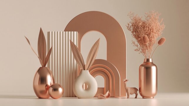 Minimalist still life with rose gold vases, dried flowers and geometric shapes on beige background, modern decor composition with copy space for branding.
