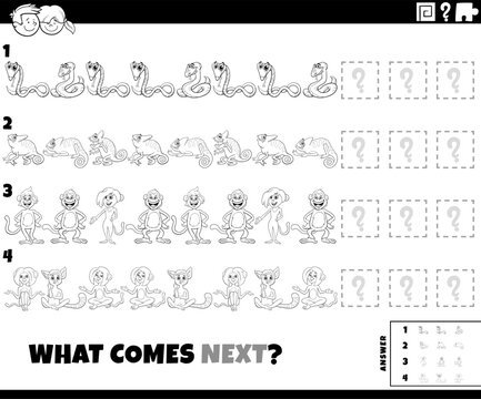 educational pattern activity puzzle with funny cartoon animals coloring page