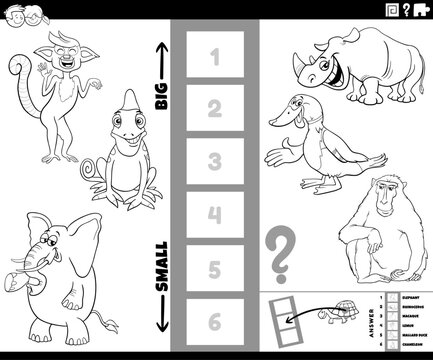 educational activity puzzle game with big and small cartoon animals coloring page