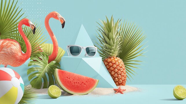 Tropical summer composition with flamingos, pineapple, watermelon, beach ball and sunglasses on pastel blue background with copy space.
