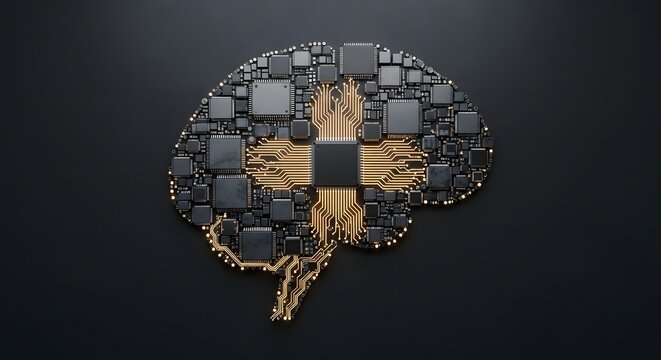Artificial intelligence brain made of computer chips, digital neural network concept, electronic microprocessor hardware in human brain shape