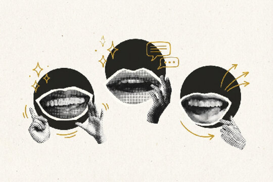 Surreal collage art of human mouths and hands, vintage halftone style communication concept, abstract black and gold graphic elements on textured paper