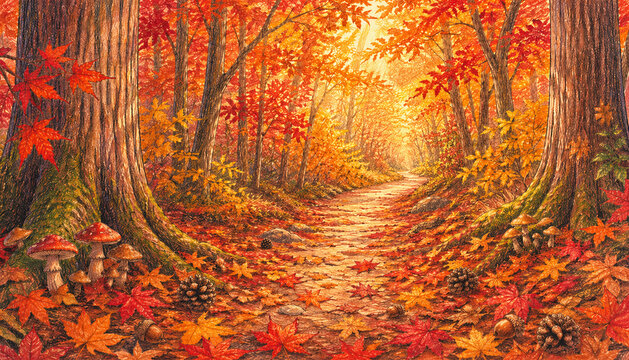 Japanese Autumn Forest Path Illustration, Colored Pencil Drawing of Red Maple Trees Mushrooms and Fallen Leaves on Woodland Trail, Fall Season Concept