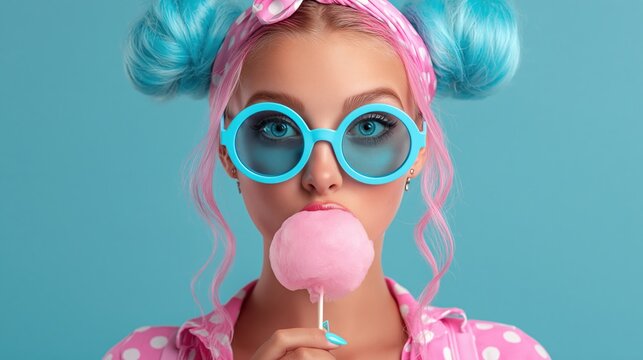 Colorful portrait of playful woman with blue hair and sunglasses eating pink cotton candy on pastel blue background, fun fashion concept with copy space.