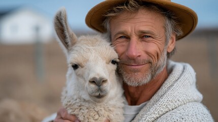Fototapeta premium An inviting portrait of a mature man gently holding a baby llama, showcasing a unique bond, warmth, and affection against a calm rural background exuding tranquility and connection.