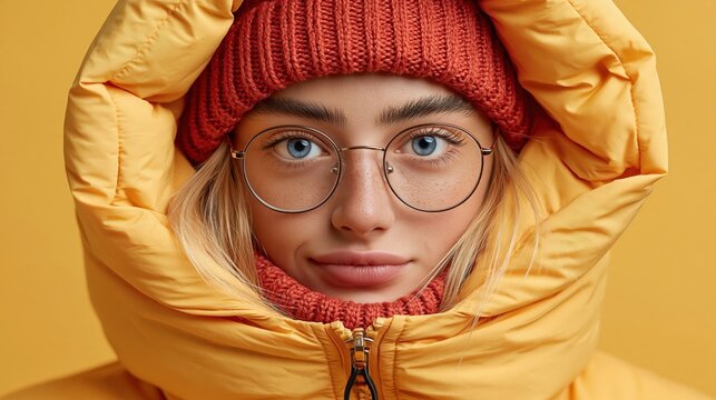 Close up portrait of young woman in yellow winter jacket and red knit hat with glasses on yellow background, warm clothing fashion concept.