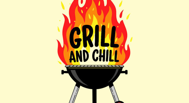 Retro BBQ grill and chill vector illustration, vintage barbecue party poster with fire flames, summer cookout event graphic with charcoal grill