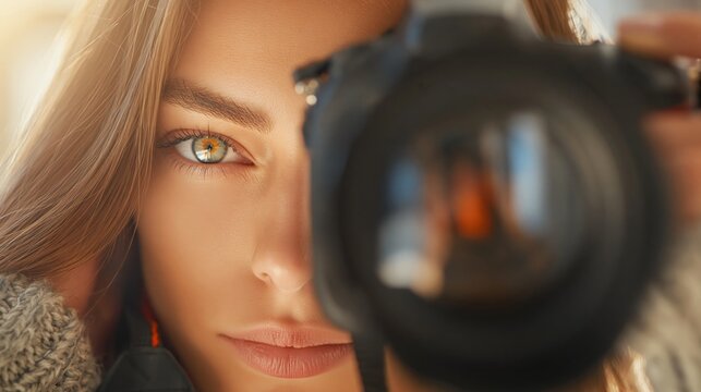 Close up portrait of young woman photographer looking through camera lens with warm sunlight and soft focus background.