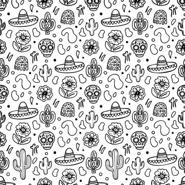 Cinco de Mayo Seamless Pattern Vector, Mexican Festive Elements Minimal Black White Background