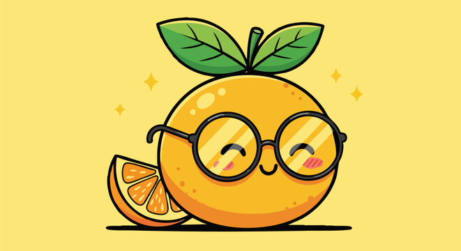 Kawaii orange fruit character wearing glasses, cute citrus mascot with happy face, vibrant orange vector illustration for kids branding and stickers