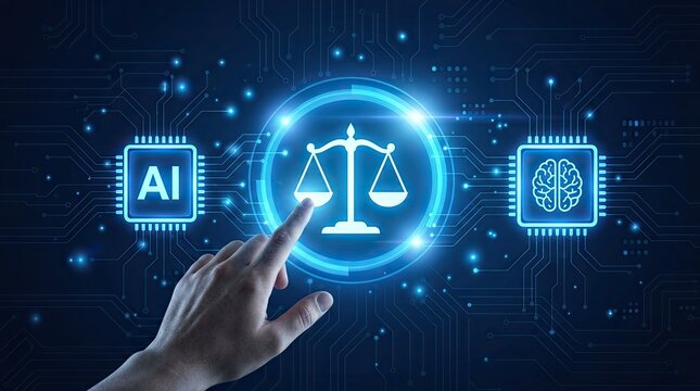 A human hand points to digital justice scales surrounded by AI on a tech background