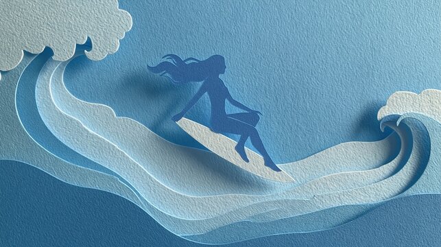 Paper cut style illustration of a woman surfing on ocean waves in blue tones with textured background and copy space for summer travel concepts.