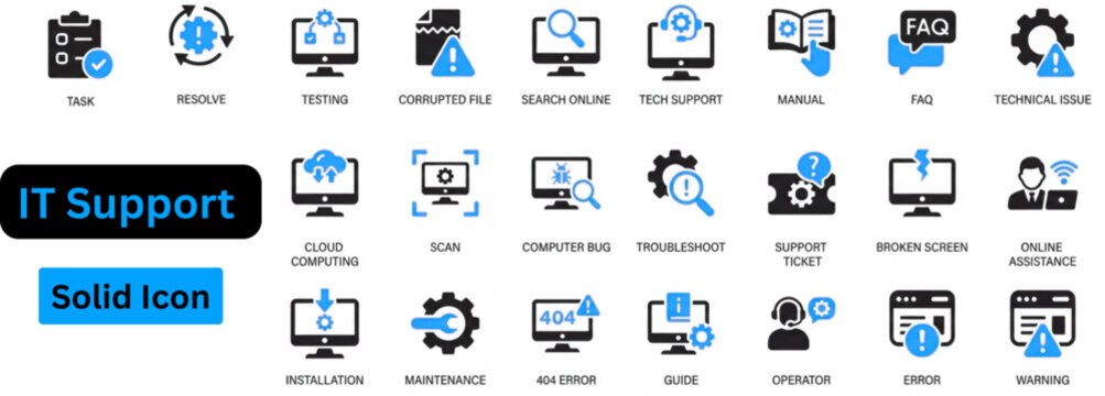 IT Support solid icon set. IT Support icon set. Tech and IT Support icon set featuring symbols for Remote Access, System Optimization, Cloud Support, and Cyber Security. 