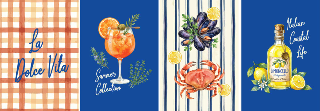 La Dolce Vita Italian Summer Collection Watercolor Clipart Set &mdash; Aperol Spritz, Seafood, Limoncello Banner