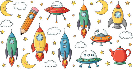 Space Illustration Set with Rockets, UFOs, Stars, Moons, and Fun Space Elements for Kids, Education, and Space-Themed Designs © Mahamuda Studio 