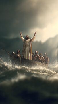Jesus Rebukes the Wind and Storm from a Fishing Boat on the Sea of ​​Galilee