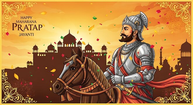 Maharana Pratap on Horseback in Armor Celebrating Jayanti with Palace and Confetti