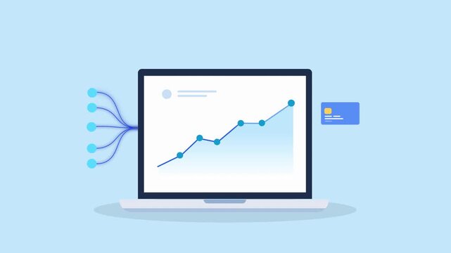 Minimal flat animation of a laptop showing a rising data chart with connected nodes and smooth motion, representing analytics, growth, performance tracking, and digital dashboard insights