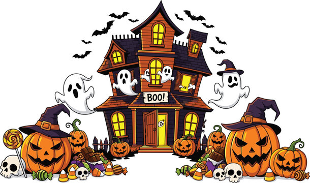Spooky Halloween Haunted House Vector Illustration with Ghosts, Jack-o&rsquo;-Lanterns, Bats, Candy, Skulls, Witch Hats, and Creepy Nighttime Decoration Design