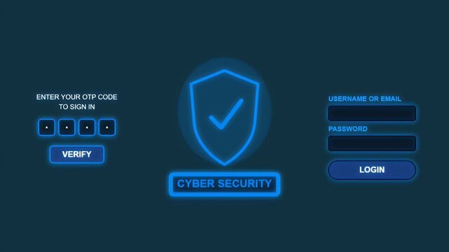 Futuristic cyber security login interface with otp verification and glowing shield icon for digital protection