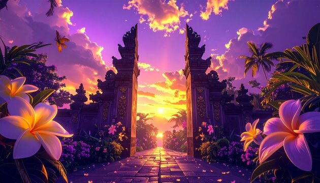Traditional Balinese split gate surrounded by surreal oversized tropical flowers, plumeria trees glowing, fantasy background