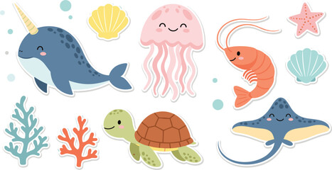 Cute Sea Animals Sticker Vector Set with Narwhal, Jellyfish, Shrimp, Turtle, Starfish, Stingray, Shells, and Coral for Kids Illustrations, Stickers, and Digital Ocean Designs © Mahamuda Studio 