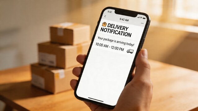 A person receives a delivery notification on their smartphone, with a stack of cardboard boxes in the background, symbolizing the arrival of packages and the efficiency of modern logistics.