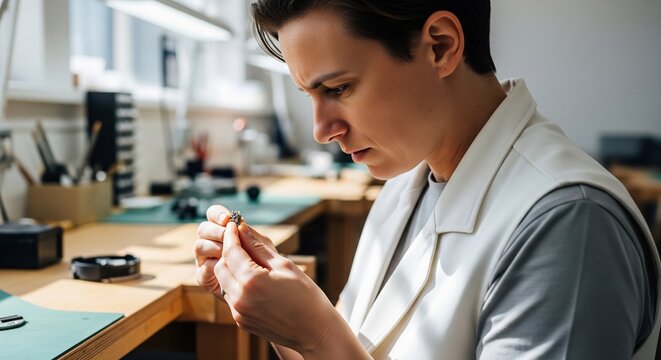 Professional Female Jeweler Focused on Intricate Detail Inspecting a S