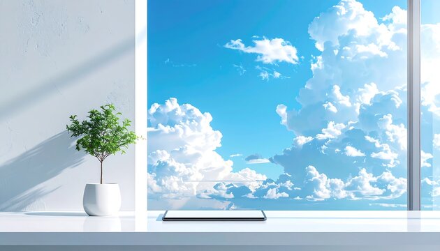 Potted tree standing on white table against sky