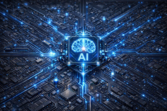 Artificial Intelligence Brain Concept on High-Speed Circuitry Board