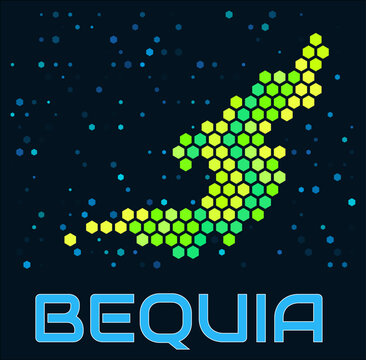 Bequia hexagon dots map. St. Vincent. Digital style shape of the island. Bequia map and title. Large green colored hexagons, sparse blue dots at background. Vector Illustration.