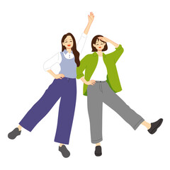 Fototapeta premium Happy Young Women Friends Posing Together Flat Illustration Smiling Female Characters Casual Outfit Friendship Concept
