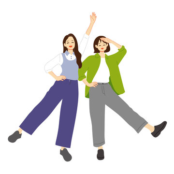 Happy Young Women Friends Posing Together Flat Illustration Smiling Female Characters Casual Outfit Friendship Concept