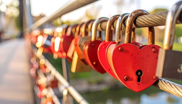 Locks on bridge, focused on red heart locks, blur background. Symbolizing love & remembrance, rusted metal