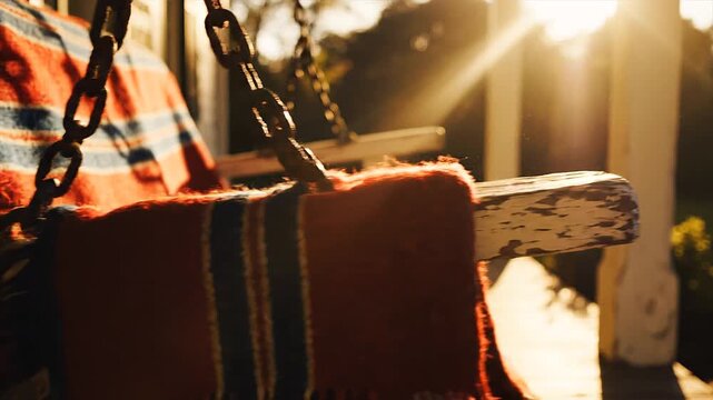 Weathered porch swing with striped blanket in golden sunset light.