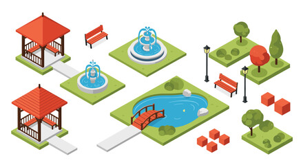 Fototapeta premium Large collection of isometric park elements including gazebos, fountains, a pond with a bridge, benches, and green trees.