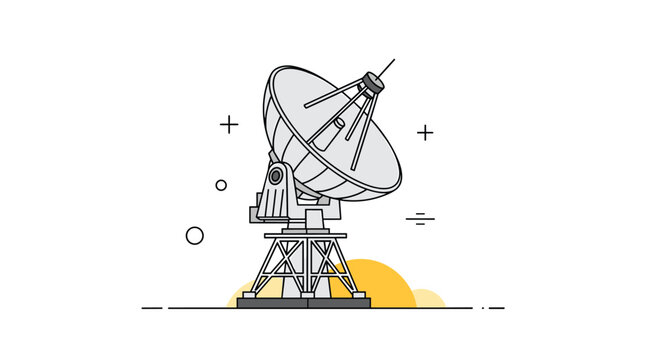 Large parabolic satellite dish antenna mounted on a tall metal structure for receiving and transmitting digital signals.